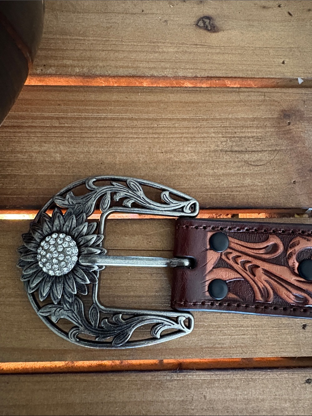 Tooled Leather Floral Buckle Belt with Leopard Print - Brown/Tan - Picture 5 of 6